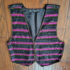 Vintage 80s AJ beaded sequin silk vest size L